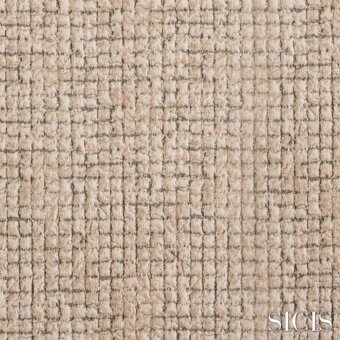 Sicis Eliodoro Sand fabric texture with repeating geometric squares in warm beige, featuring a dense, plush, and subtly shadowed surface.
