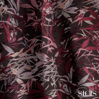 Aubergine leaf fabric with dense, stylized pattern on dark background; textured silk with burgundy & cream tones, gold "Sicis" script.