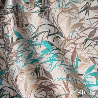 Fabric swatch with teal and olive leaf pattern on cream, linen-textured background; SICIS branding visible.