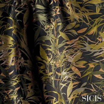 Navy jacquard fabric with repeating gold, olive, and bronze leaf and grass pattern; SICIS brand name visible.