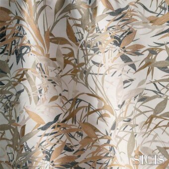 Fabric sample with gold and gray leaf pattern on beige, featuring “SICIS” text and subtle woven texture.
