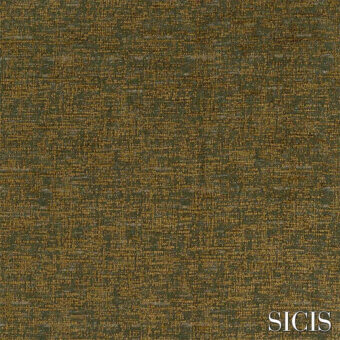 Sicis fabric sample, olive-green woven texture with bronze threads, displaying a nubby, irregular pattern and brand logo.