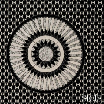 Mosaic tile design, beige and black, circular sunburst pattern with diamond grid, SICIS brand logo visible.