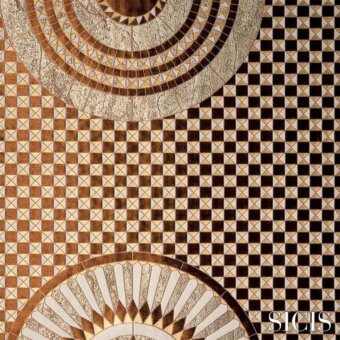 Sicis Limbus bronze fabric features geometric patterns with dark brown checkerboard, bronze squares, and circular fan motifs.