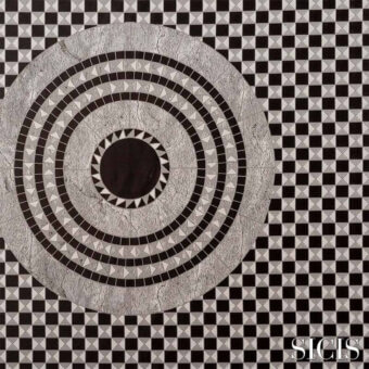 Circular mosaic design with concentric gray and white triangular tiles against a black and white diamond tile background, featuring the SICIS logo.
