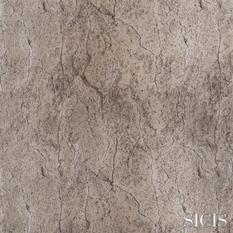 Sicis fabric sample, bronze marble texture, mottled pattern with beige and brown tones, irregular cracks, granular surface, stylized logo.