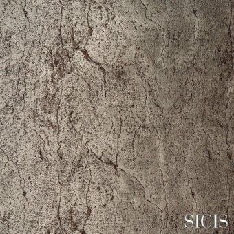 Sicis fabric sample, mottled gray and beige with gold undertones, displaying irregular vertical cracks and a granular, weathered texture.