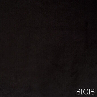 Sicis fabric swatch, noctis black, granular texture with sheen, square shape, white sans-serif logo on black background.