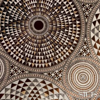 Mosaic pattern, brown and gold tones, concentric circles of triangular tesserae, SICIS Numisma fabric design with layered metallic sheen.