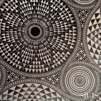Sicis Numisma Platinum fabric features concentric circles of geometric triangles, platinum and white tones, detailed high-resolution weave.