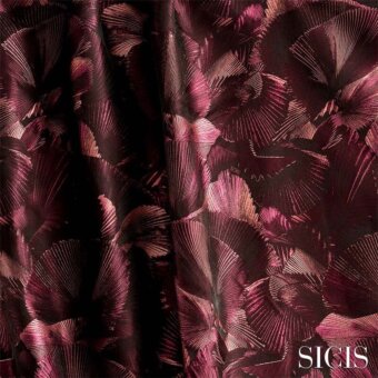Sicis Palmeres fabric swatch in burgundy features a repeating fan pattern with iridescent texture and vertical folds, displaying the SICIS logo.
