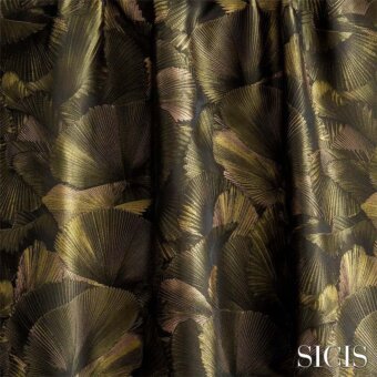 Palmeres fabric, green and gold, displays a woven palm frond pattern with rose-brown accents and a subtle sheen texture.