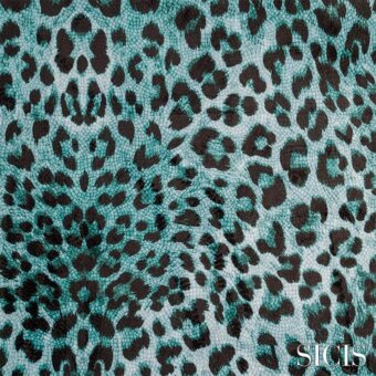 Leopard print mosaic tile, teal and black Pardus Azul by Sicis, features irregular glossy spots and grout lines for textured depth.