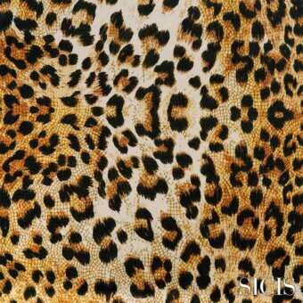 Leopard print fabric texture, cream and brown, irregular spots with crackled lines, matte finish, SICIS brand detail.
