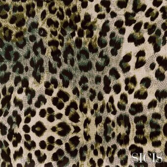 Leopard print fabric with dark gray and black spots on beige, featuring a cracked texture and gold “SICIS” branding.