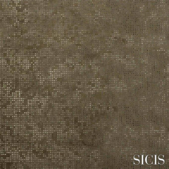 Sicis Sedatus fabric texture, green and brown mottled pattern, small square elements, matte finish, stylized white brand text.