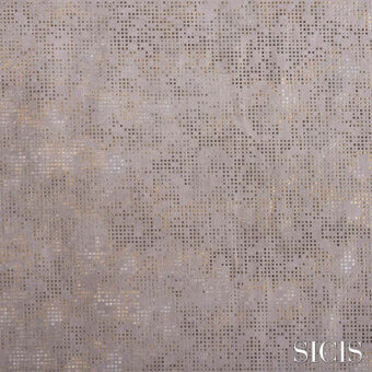 Sicis Sedatus oyster fabric swatch with muted gray, dense square perforations filled with subtle gold metallic sheen, woven textile.