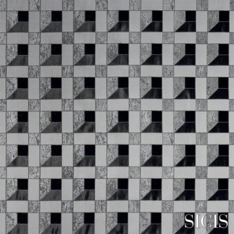 Geometric tile pattern in grayscale with black, white, and gray squares forming a mosaic texture; SICIS logo visible.