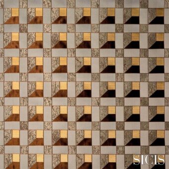 Sicis Signum fabric, bronze and brown geometric textile, features a square grid with diagonal triangular sections and a mottled metallic sheen.
