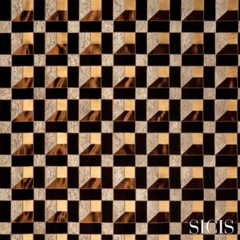 Sicis Signum Chestnut fabric features a checkerboard of dark brown and beige tiles, diagonally divided with metallic sheen and wood texture.