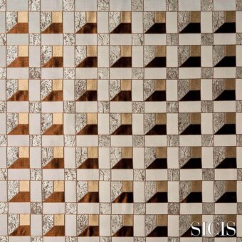 Sicis Signum fabric, geometric tile pattern, beige and gold tones, textured metallic finish, mosaic effect, neutral off-white background.