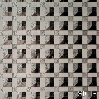 Sicis Signum Platinum fabric displays a grayscale geometric grid of square tiles with triangle and square designs, featuring metallic flecks.
