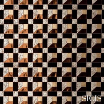 Sicis mosaic tile surface, wenge brown and light gray, checkerboard pattern with geometric shapes and metallic sheen.