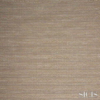 SICIS fabric sample, taupe and gold woven textile, dense regular weave with matte finish and stylized branding.