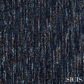 Sicis fabric texture, Thalia Blue, vertical strands of deep blue, black, gold, and copper with layered, irregular pattern.