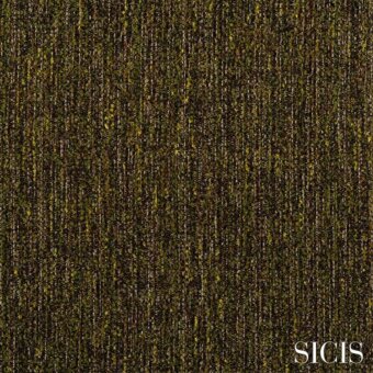 Sicis Thalia fabric sample, green woven texture, irregular vertical lines with olive, yellow, and brown tones, granulated surface.