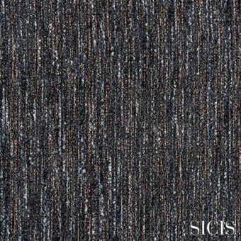 Sicis Thalia fabric sample, grey woven textile, vertical ribbed structure with silver, copper, and charcoal tones, textured yarn detail.