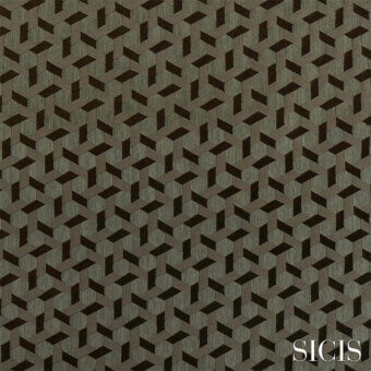 Geometric Vesta Green fabric pattern with interlocking gray, brown, and subtle green cubes on a dark gray background, featuring the Sicis logo.