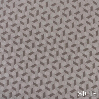 Sicis Vesta fabric sample in grey tones features a tessellated geometric cube pattern with a textured, three-dimensional effect and brand logo.