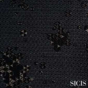 SICIS adamant black fabric swatch with repeating dark gray hexagonal tiles and lighter gray star-like shapes, matte finish.