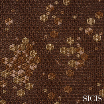 Sicis Adamant Bronze fabric displaying a geometric mosaic pattern with layered bronze and brown tiles, featuring a textured, metallic sheen.