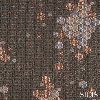 Sicis Adamant fabric texture, copper and gray geometric pattern, hexagonal tiles with iridescent diamond shapes, woven construction.