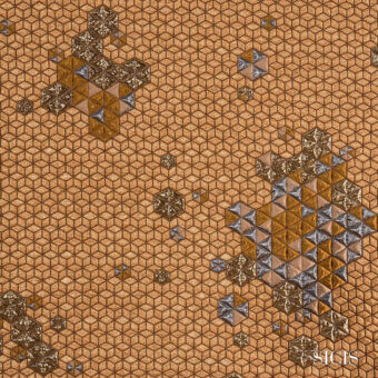 Sicis Adamant fabric sample, gold geometric pattern, hexagonal grid with metallic gold and silver-grey mosaic motifs on a beige background.