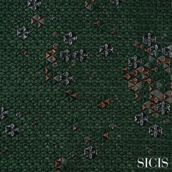 Sicis fabric, Adamant green geometric pattern with silver and copper starburst motifs, reddish-brown accents, woven texture.