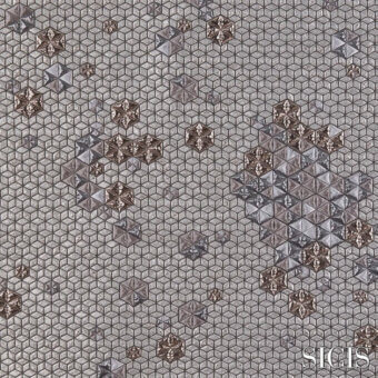 Geometric fabric texture, dark gray and metallic silver, features repeating hexagonal tiles with raised star motifs in bronze and gray-brown tones.