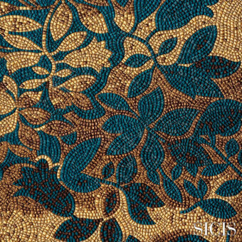 Mosaic fabric textile, teal-blue and bronze-gold, featuring repeating floral tile pattern with metallic sheen and intricate overlapping details.