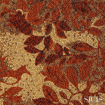 Sicis Athena Gold mosaic features red, orange, and gold floral tessellation on a beige textured background, displaying swirling leaf shapes.