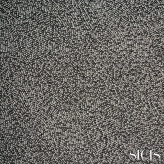 Grayscale mosaic texture with concentric swirling patterns, featuring square tesserae and linear grout lines; SICIS brand fabric sample, bolis grey.