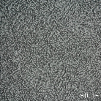 Gray mosaic texture with concentric arcs, polished stone or ceramic tesserae, SICIS branding, cool monochromatic palette, dense composition.