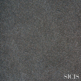 Gray concentric circle fabric texture composed of square tesserae, featuring SICIS branding and material details in white text.