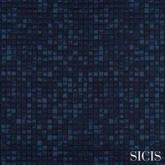 Sicis Cardea Blue fabric texture displays a mosaic grid of deep blue and gray square tiles, with a matte, woven appearance.