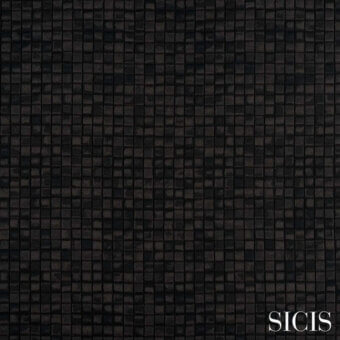 Sicis Cardea Dark Night fabric texture displays a dark gray and black mosaic of small square tesserae, with a subtle reflective quality.