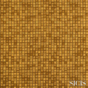 Sicìs Cardea Gold fabric texture displaying a grid pattern of rectangular tiles in warm golden-brown tones with a distressed sheen.