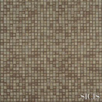 Sicis Cardea fabric sample, green textured tile pattern, square mosaic with beige and brown tones, matte finish, brand logo visible.