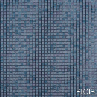 SICIS Cardea fabric texture, indigo blue mosaic tile pattern, small square tesserae with subtle gray and lavender variations, handcrafted finish.