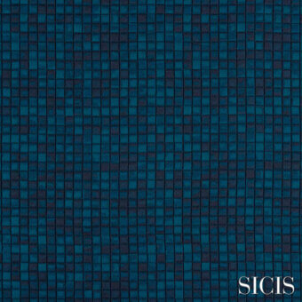 Mosaic tile texture, teal and navy blue, small square grid pattern with distressed finish, SICIS fabric cardea petroleum detail.